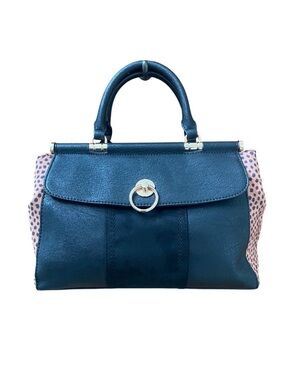 Black Top-Handle Satchel with  black Polka Side brown Panels